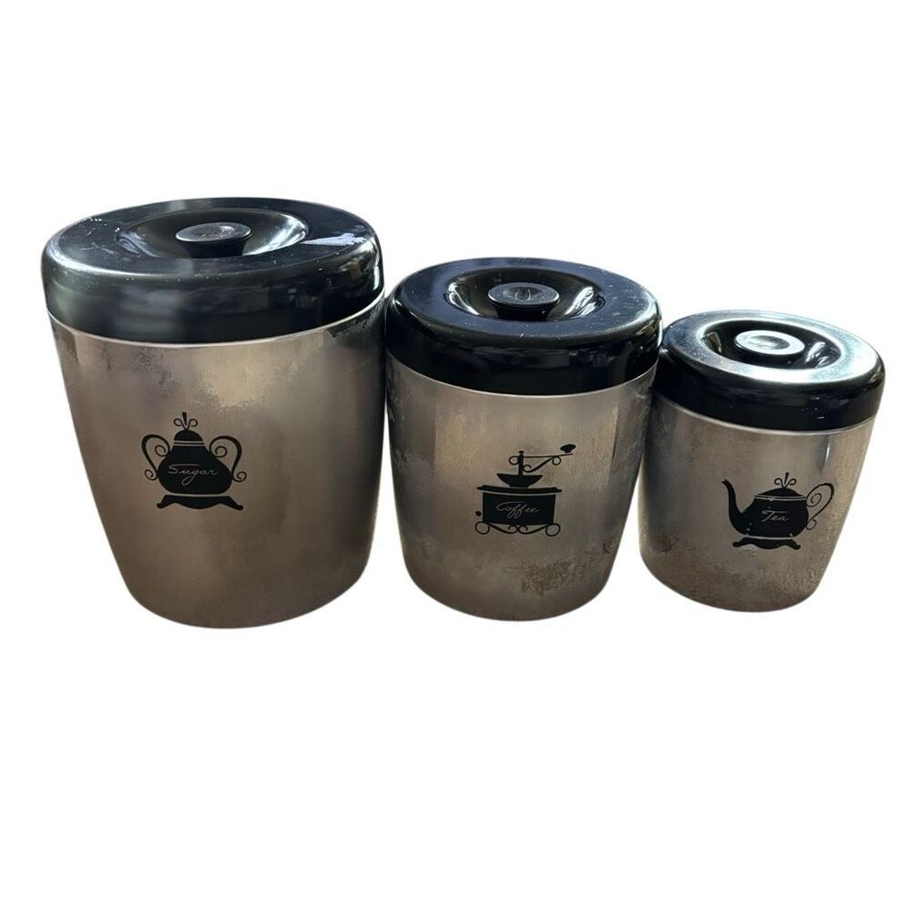 Vintage West Bend Aluminum Canister Set of 3 - Sugar Coffee Tea MCM Black Lids